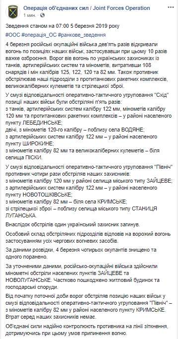 Враг за сутки выпустил по позициям ВСУ более 100 снарядов и мин, погиб один украинский воин, уничтожены четверо террористов, - штаб ОС 01