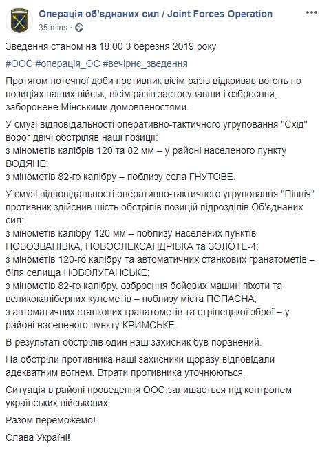 С начала суток враг восемь раз вел обстрел из запрещенного вооружения, ранен боец ООС, - пресс-центр 01