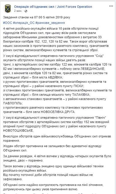 Враг за сутки 10 раз атаковал позиции ОС: один украинский воин ранен, уничтожены четверо террористов и военная техника противника, - штаб 01