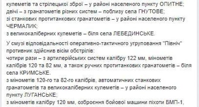 Враг за сутки 13 раз обстрелял позиции ВСУ, применяя 122-мм артсистемы, 120- и 82-мм минометы, потерь нет, уничтожен террорист, – штаб