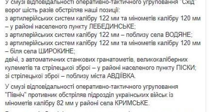 Враг за сутки 7 раз обстрелял позиции ВСУ, применяя 122-мм артсистемы, 120- и 82-мм минометы, ранены 2 украинских воинов, уничтожен террорист, – штаб