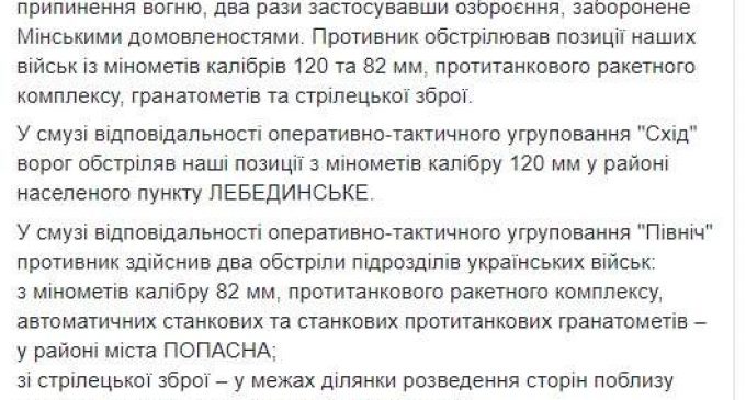 Враг за сутки трижды нарушил перемирие на Донбассе, потерь среди украинских воинов нет, – штаб ОС