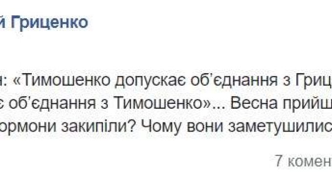 Гриценко о словах Тимошенко про возможный союз: “Сезонный авитаминоз? Или гормоны закипели?”