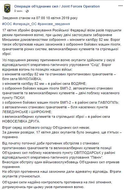 Враг за сутки 8 раз атаковал позиции ОС, потерь среди украинских воинов нет, ликвидированы двое террористов, еще пятеро - ранены, - штаб 01