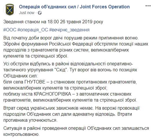 Враг с начала суток обстреливал позиции ОС в районе Гнутово и Красногоровки, потерь нет, - пресс-центр 01