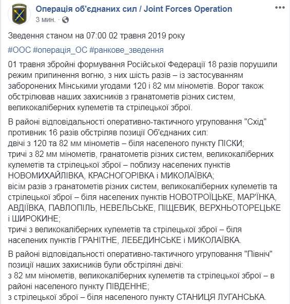 Враг за сутки 18 раз обстрелял позиции ВСУ на Донбассе, ранены двое украинских воинов, уничтожены пятеро террористов, - штаб 01