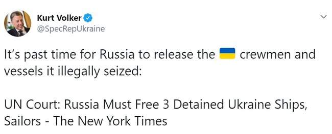 России давно пора освободить военнопленных украинских моряков и вернуть захваченные корабли, - Волкер 01