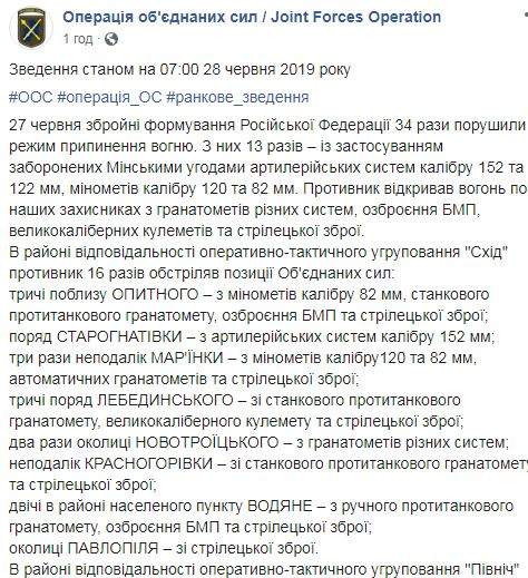 Враг 34 раза нарушил перемирие на Донбассе. Один украинский воин ранен, двое - травмированы, - штаб ООС 01