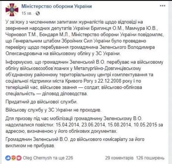 По мобилизации не призывался: Минобороны опровергло свое сообщение о повестках Зеленскому в 2014-2015 годах 01