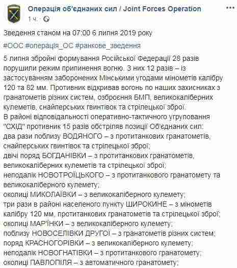 Враг за минувшие сутки 28 раз атаковал позиции ОС: 6 бойцов ранены и травмированы, 2 террориста уничтожены 01