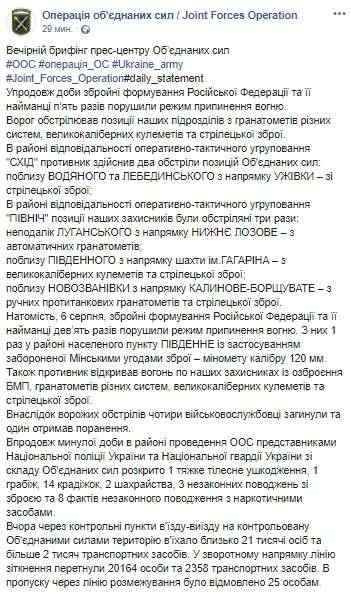 Враг с начала суток пять раз нарушил режим прекращения огня на Донбассе, - пресс-центр ОС 01