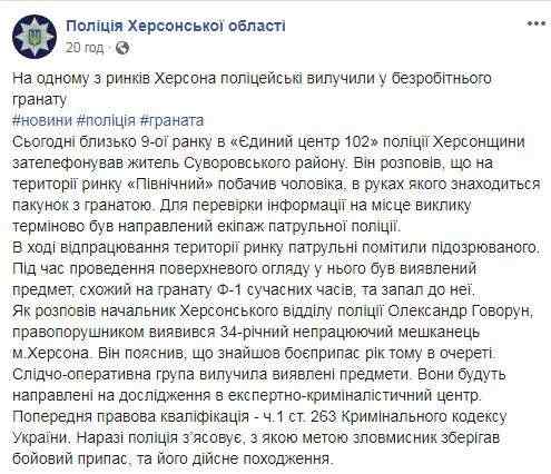 Ходил по рынку с гранатой: в Херсоне на базаре полиция задержала мужчину с Ф-1 03