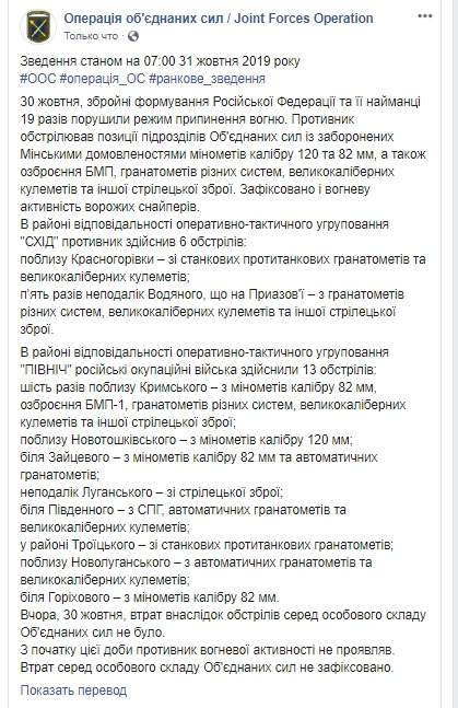 Враг за сутки 19 раз открывал огонь по позициям ВСУ, зафиксирована огневая активность снайперов, потерь нет, - штаб ОС 01