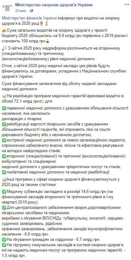 108 млрд заложено на здравоохранение в бюджет-2020, - МОЗ 01