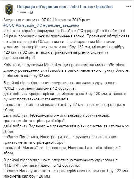 Один украинский воин получил ранение на Донбассе. Враг бил по позициям ВСУ из 122-мм артиллерии и минометов, за сутки - 24 обстрела, - штаб 01