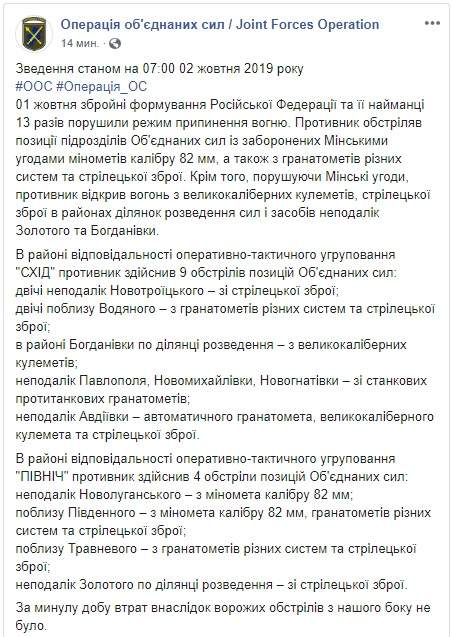 Наемники РФ 13 раз нарушили режим прекращения огня на Донбассе, потерь среди украинских воинов нет, - штаб ОС 01