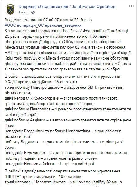 Наемники РФ 25 раз обстреляли позиции ОС на Донбассе: один украинский воин погиб, еще один ранен, - штаб 01