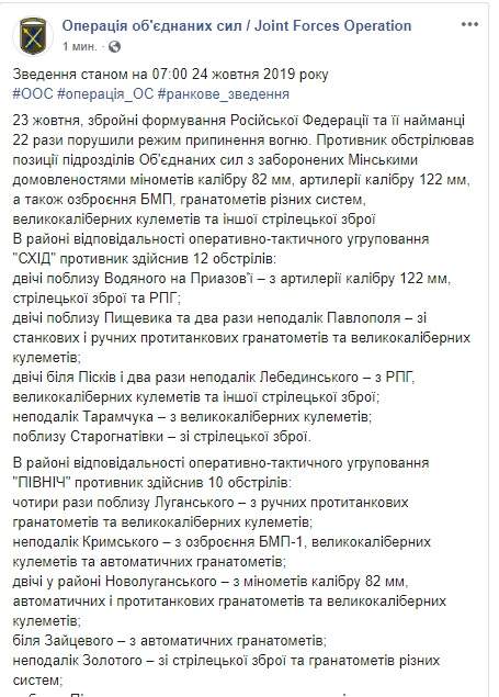 Наемники РФ применили на Донбассе 122-мм артиллерию, 82-мм минометы и вооружение БМП. За сутки - 22 обстрела, потерь нет, - штаб 01