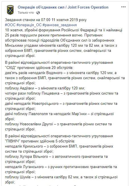 Один украинский воин погиб в районе проведения ОС. За сутки - 25 вражеских обстрелов, - штаб 01