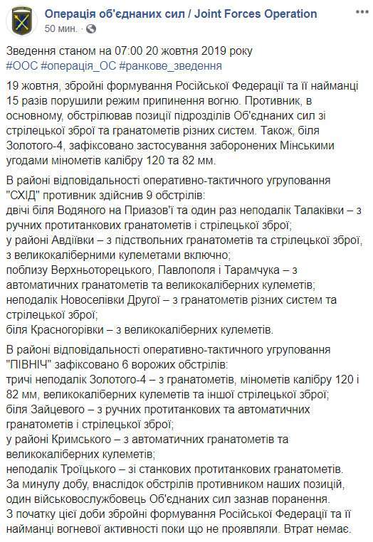 Один украинский воин ранен на Донбассе. За сутки - 15 вражеских обстрелов, - штаб ОС 01