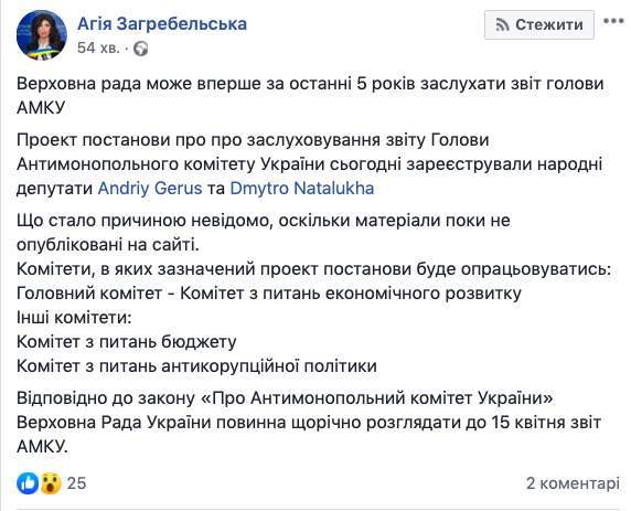 Верховная рада может впервые за 5 лет заслушать отчет главы АМКУ, - Загребельская 01