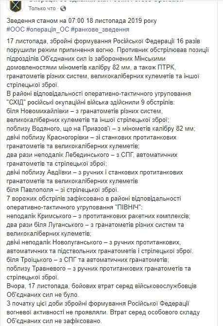 Враг за сутки 16 раз обстрелял позиции ВСУ на Донбассе, применив 82-мм минометы, ПТРК и гранатометы. Потерь нет, - штаб ОС 01