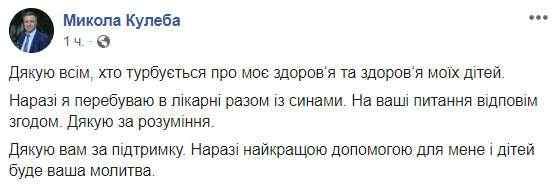 Сейчас нахожусь в больнице вместе с сыновьями, на вопросы отвечу позже, - Николай Кулеба прокомментировал ДТП со своим участием 01