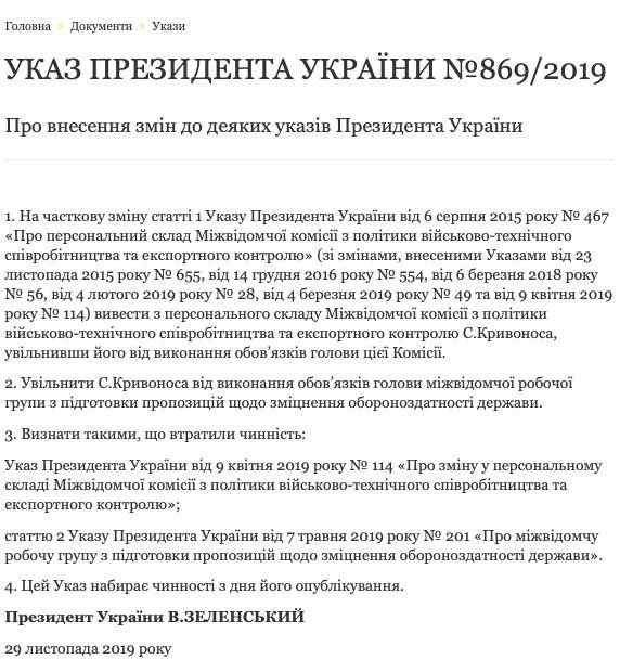 Замсекретаря СНБО Кривонос уволен с двух должностей указом Зеленского 01