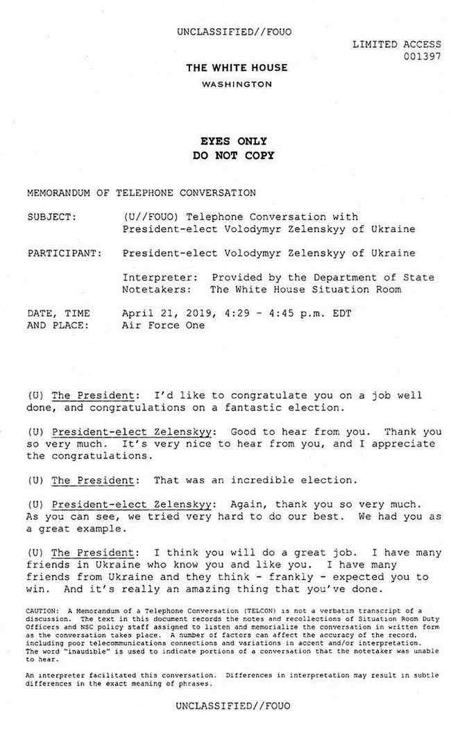 Белый дом опубликовал стенограмму первого телефонного разговора Трампа и Зеленского 01