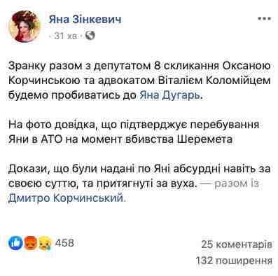 В день убийства Шеремета подозреваемая медсестра Дугарь находилась в АТО, - депутат Зинкевич 02