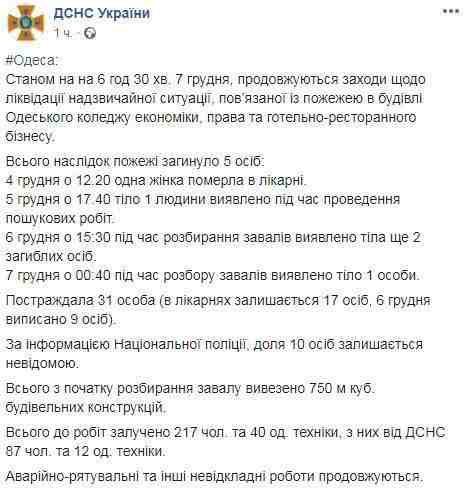 Число погибших при пожаре в Одессе выросло до 5, пропавших без вести - 10, - ГСЧС 01