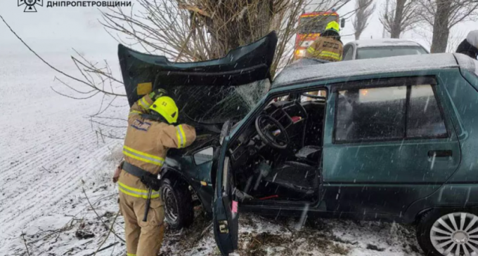 У Дніпровському районі водій ЗАЗ влетів у дерево: рятувальники деблокували людей з понівеченого авто